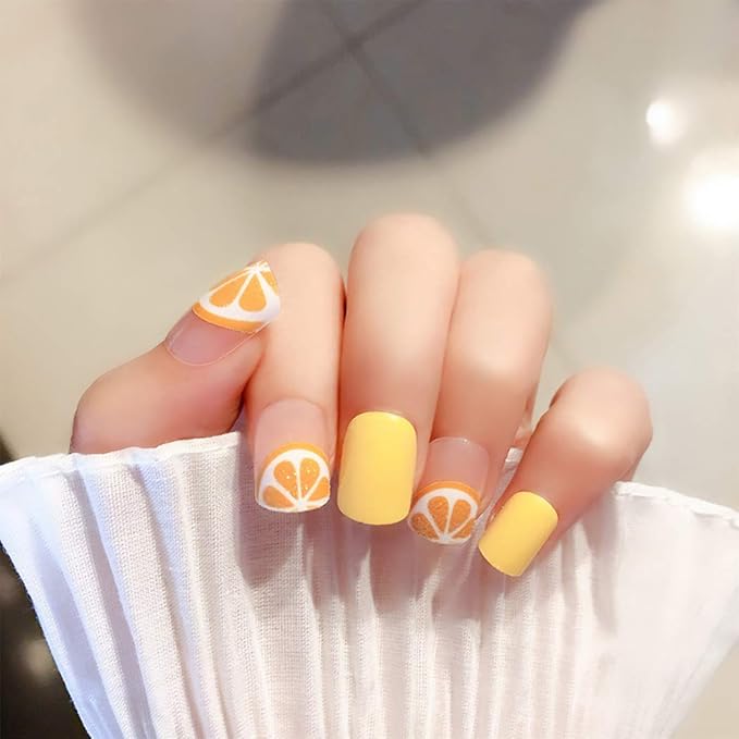 Amazon Com Abien Glossy Cute Press On Nails Yellow Short Fake Nails Square Artificial False Nail For Women And Girls 24pcs Beauty