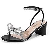 DREAM PAIRS Women's Double Bowknots Crystal Sandals Low Chunky Heels Clear Slingback Dress Shoes for Wedding Bridal Party