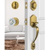 Calzibeno Antique Brass Front Door Lock Set with Glass Door Knob Classic | Zinc Alloy, Heavy Duty Front Door Handle and Deadbolt Set with Crystal Door Knob, Reversible Exterior Door Handle