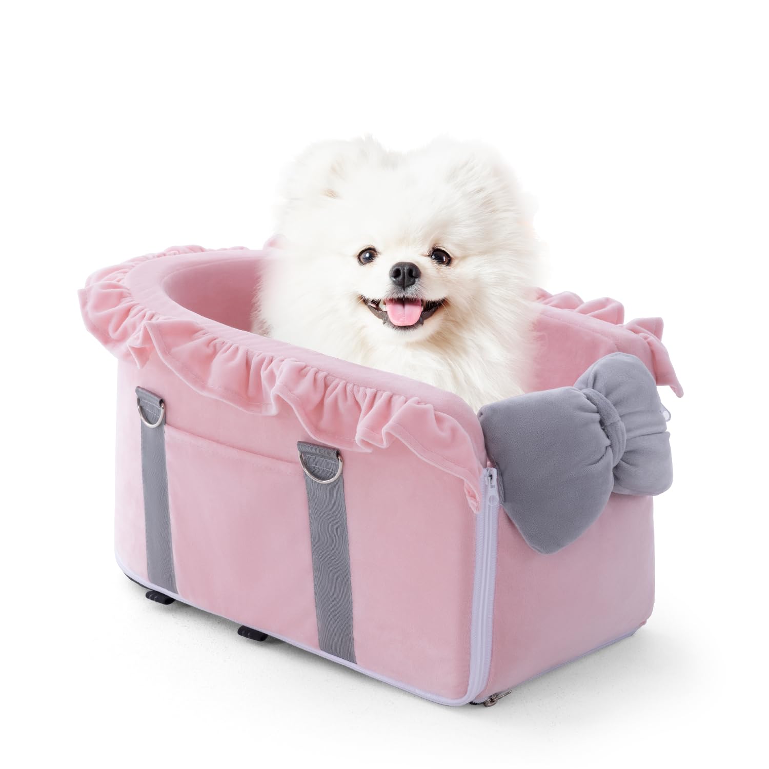 Photo 1 of Jaoul Small Dog Car Seat - Detachable, Adjustable Straps, Comfortable Bow Design - Portable Pet Booster Seat for Puppy, Cat (Pink Gray)
