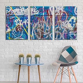 3 Panel Canvas Wall Art - Triptych Street Graffiti Series - Blue Wall Amor - Giclee Print Gallery Wrap Modern Home Art Ready to Hang - 16"x24" x 3 Panels