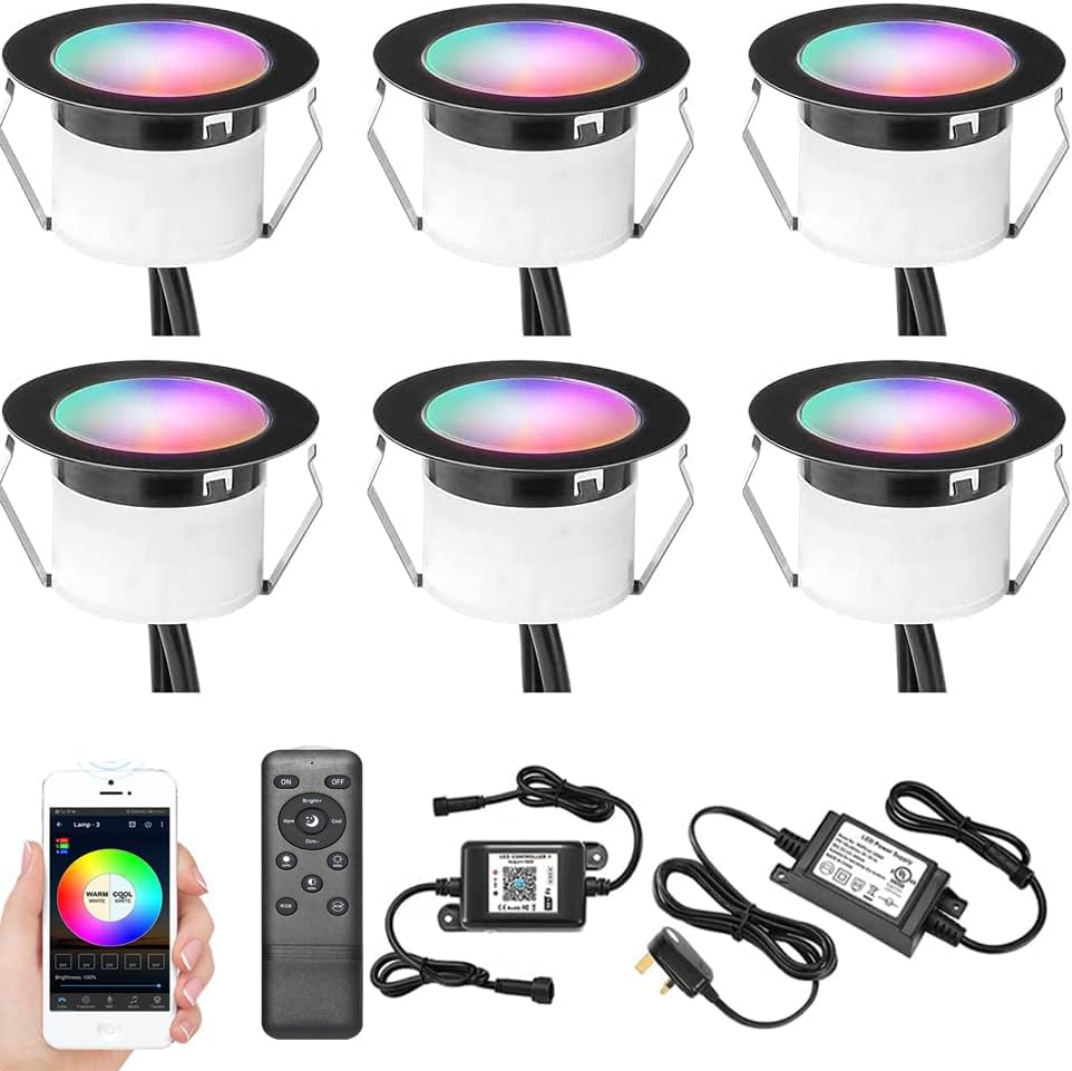 GEYUEYA Home RGBW WiFi Led Decking Lights Waterproof IP67 Ø31MM 12V - Led Plinth Light Kits for Terrace/Patio/Garden/Decoration,6 Packs