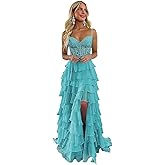 KSIJJWY Tiered Lace Prom Dresses for Women Teens 2026 Long Ruffle Spaghetti Straps Chiffon Formal Evening Gowns with Slit