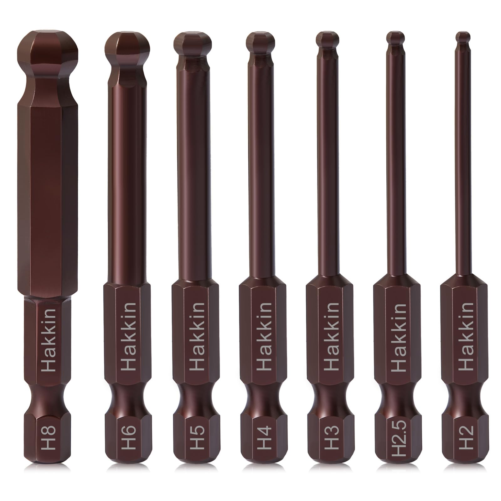 Hakkin Ball End Allen Key Bit Set - 7Pcs 1/4" Hex Shank S2 Steel Key Set Metric H2-H8 for Furniture Assembly