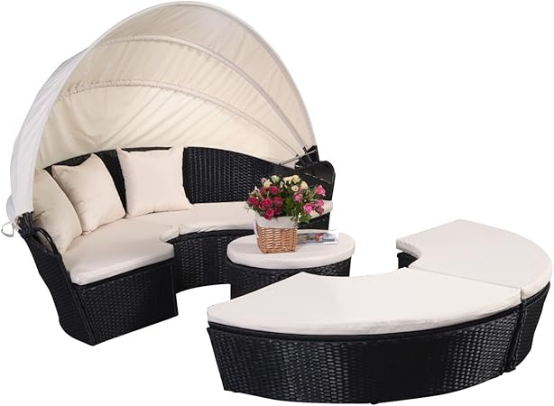 Amazon De Sonneninsel Sonnenliege Strandkorb Polyrattenliege Rattan Lounge Rattenbett Gartenliege Gartenmobel Sitzgarnitur Mit Sitzauflage Sonnendach