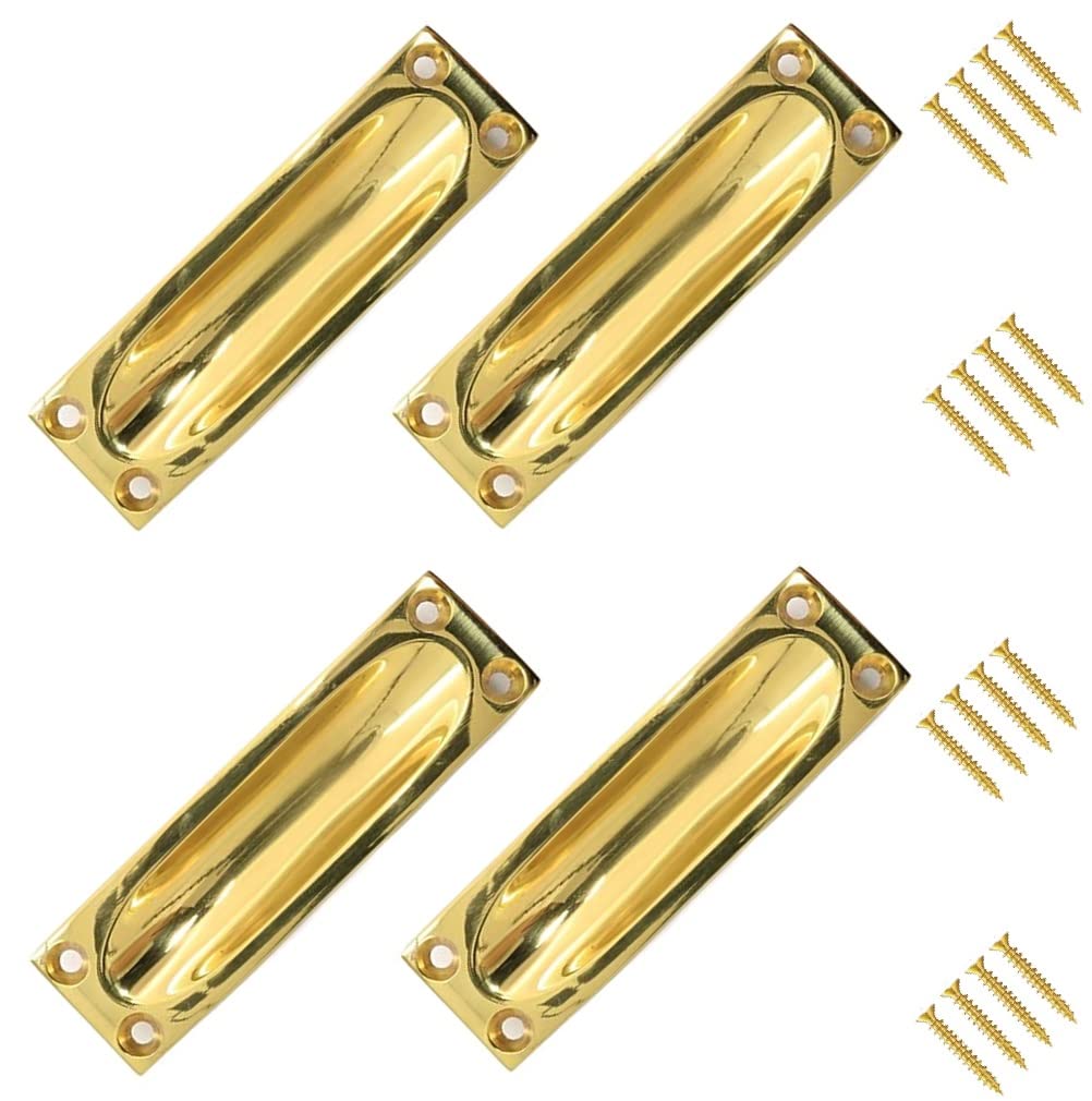 TERF® Traditional Vintage Polished Brass Flush Pull Door Handle 90mm Sliding Door Flush Handle with Fixing Screw for Drawer Cabinet Wardrobe Sliding Door and Multi Use - Pack of 4 — image 1