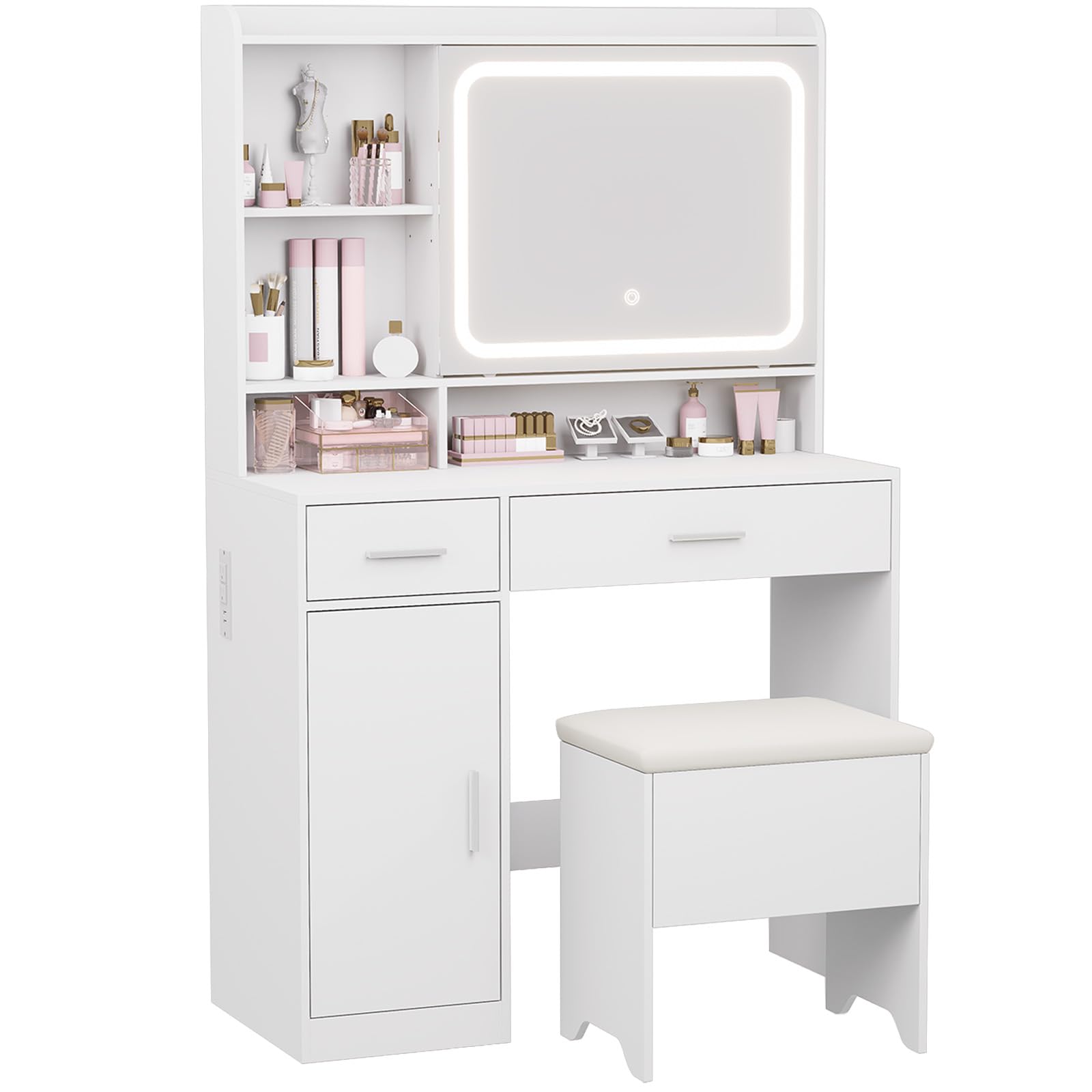 Photo 1 of Hogxp Vanity Desk with Sliding Mirror & Power Outlets - Dimmable LED Lighting, 4 Open Shelves, 2 Drawers, 1Storage Cabinet & Padded Stool - Ideal Bedroom Makeup Dressing Table ?White?