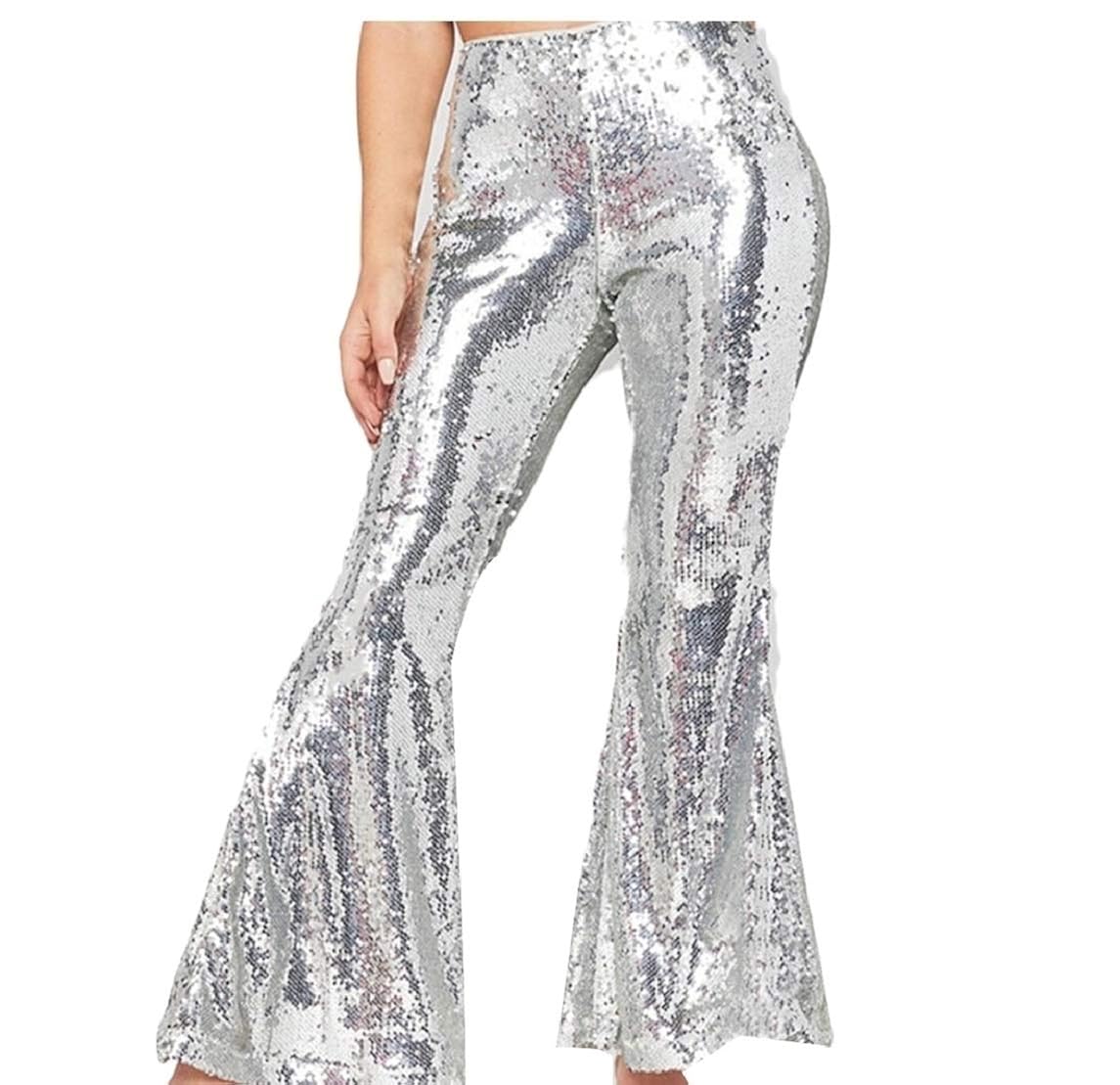 Buy hongqiantai Women's Sequin Flare Glitter Wide Leg Bell Bottoms Club