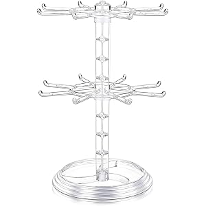 Rotating Earring Necklace & Keychain Display Stand,2 Tier Jewelry Organizer | Clear 2-Layer. Durable Plastic Base Ensures Sta