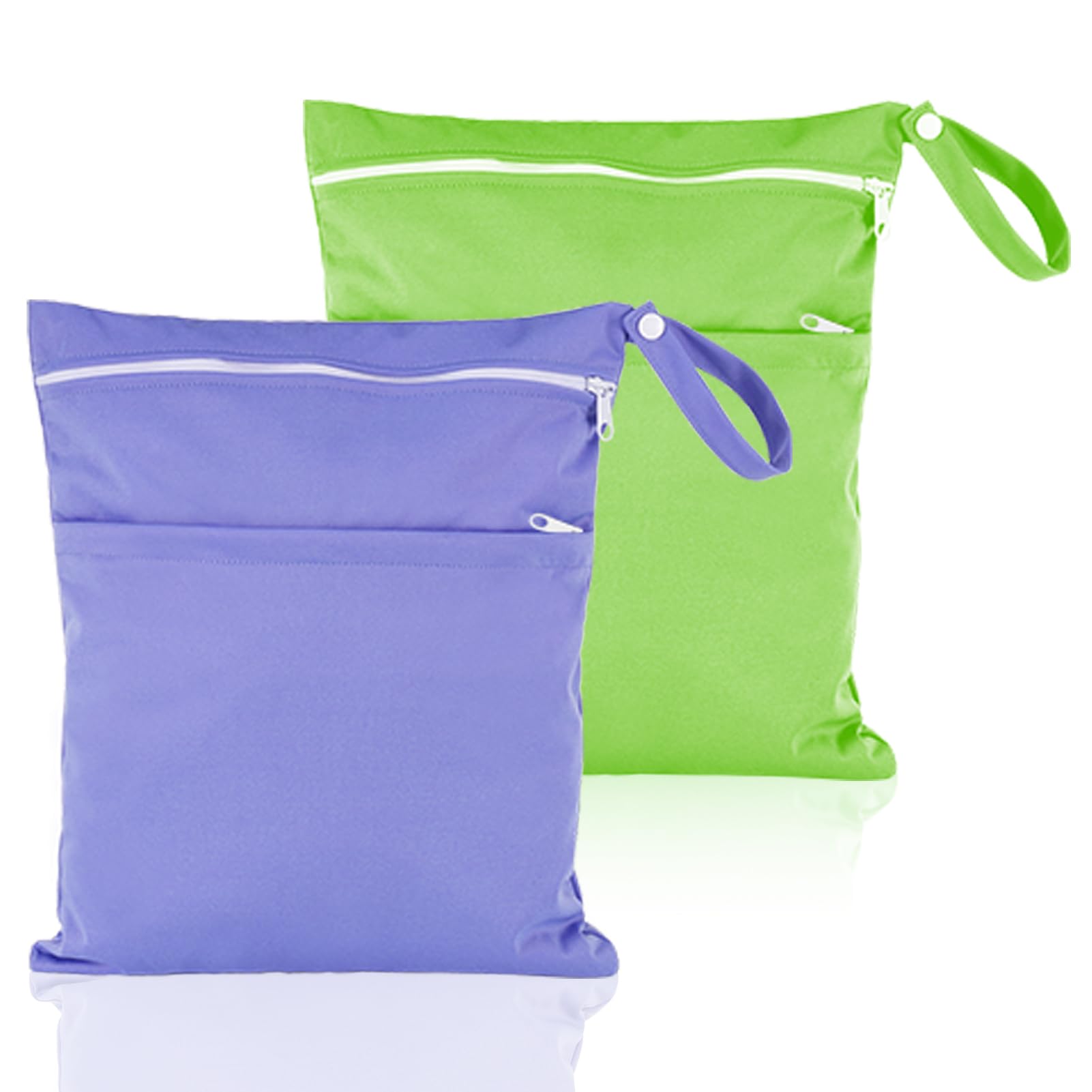 Heyu-Lotus 2 Packs Wet Dry Bags, Waterproof Reusable Cloth Diaper Nappy Bags with Double Zipper Pockets for Baby Items Wet Clothes Swimming Gym Beach (Purple+Green)