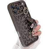 Jefonha Compatible with iPhone 17 Pro Max Case with Finger Hand Wrist Strap for Girls Women, Cute Leopard Cheetah Phone Case with Wristband Kickstand, Durable Silicone Protective Cover, Brown Leopard