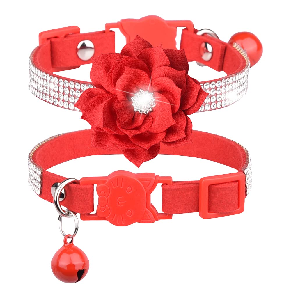 haoyueer Rhinestones Dog Cat Collars with Bell Bling Pet Puppy Collars with Soft Velvet Crystal Collars Girl Jeweled Necklace (Red-1)
