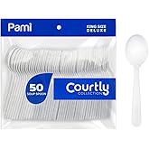 PAMI Heavy-Weight Disposable Plastic Soup Spoons [50-Pack] - Bulk King Size Deluxe White Plastic Silverware For Parties Weddings Caterings Food Stands Takeaway- Heavy-Duty Single-Use Party Spoons