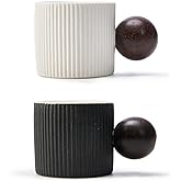 CLASGLAZ Ceramic Mini Espresso Cups Demitasse Cups with Round Wooden Handle Vertical Stripes Tea Cups (Black/White, 2pcs)