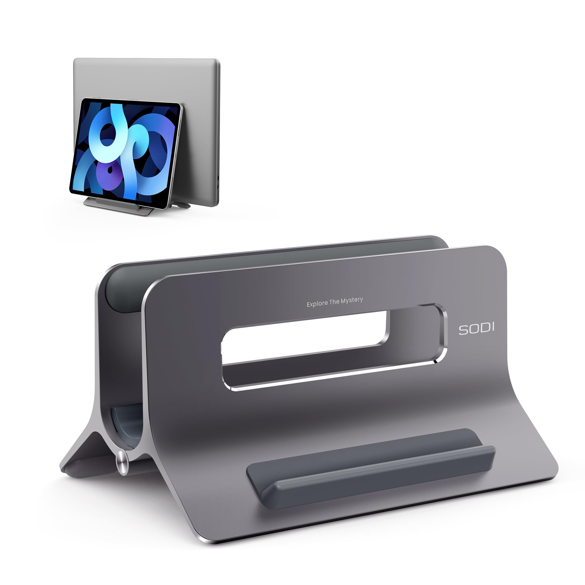 Photo 1 of SODI Vertical Laptop Stand for Desk, Gravity Auto Lock MacBook Stand, Aluminum Laptop Holder Vertical Compatible with MacBook Pro, Air, Tablet, Space-Saving Organize Work & Home Office, Gray
