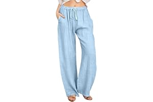 Women Cotton Linen Pants Casual Loose Drawstring High Waist Palazzo Pant Summer Beach Wide Leg Trousers with Pockets