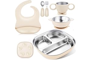 TGFBH Stainless Steel Kids Plates and Bowls, 6 Pcs Baby Tableware Set Contain Deep-Divide Toddler Plates, Bowls, Cup, Utensils & Bib – BPA-Free 304 Steel + Silicone Suction – Dishwasher Safe