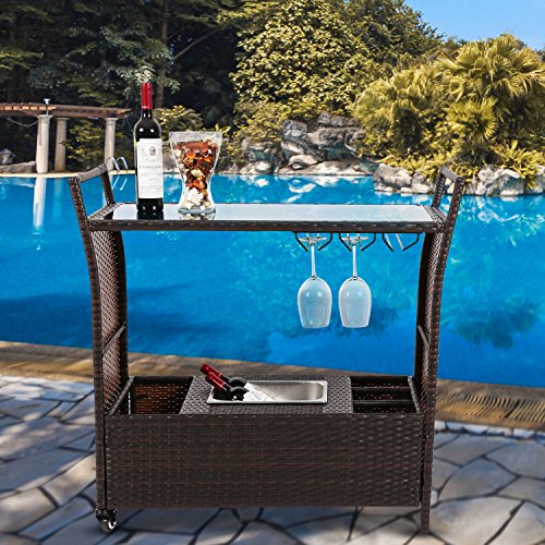 Peach Tree Outdoor Patio Wicker Serving Bar Cart Rolling Wheels，Kitchen Trolley Cart Dining Restaurant Service Cocktail, w/Shelves，Stainless Ice Bucket, Wine Rack