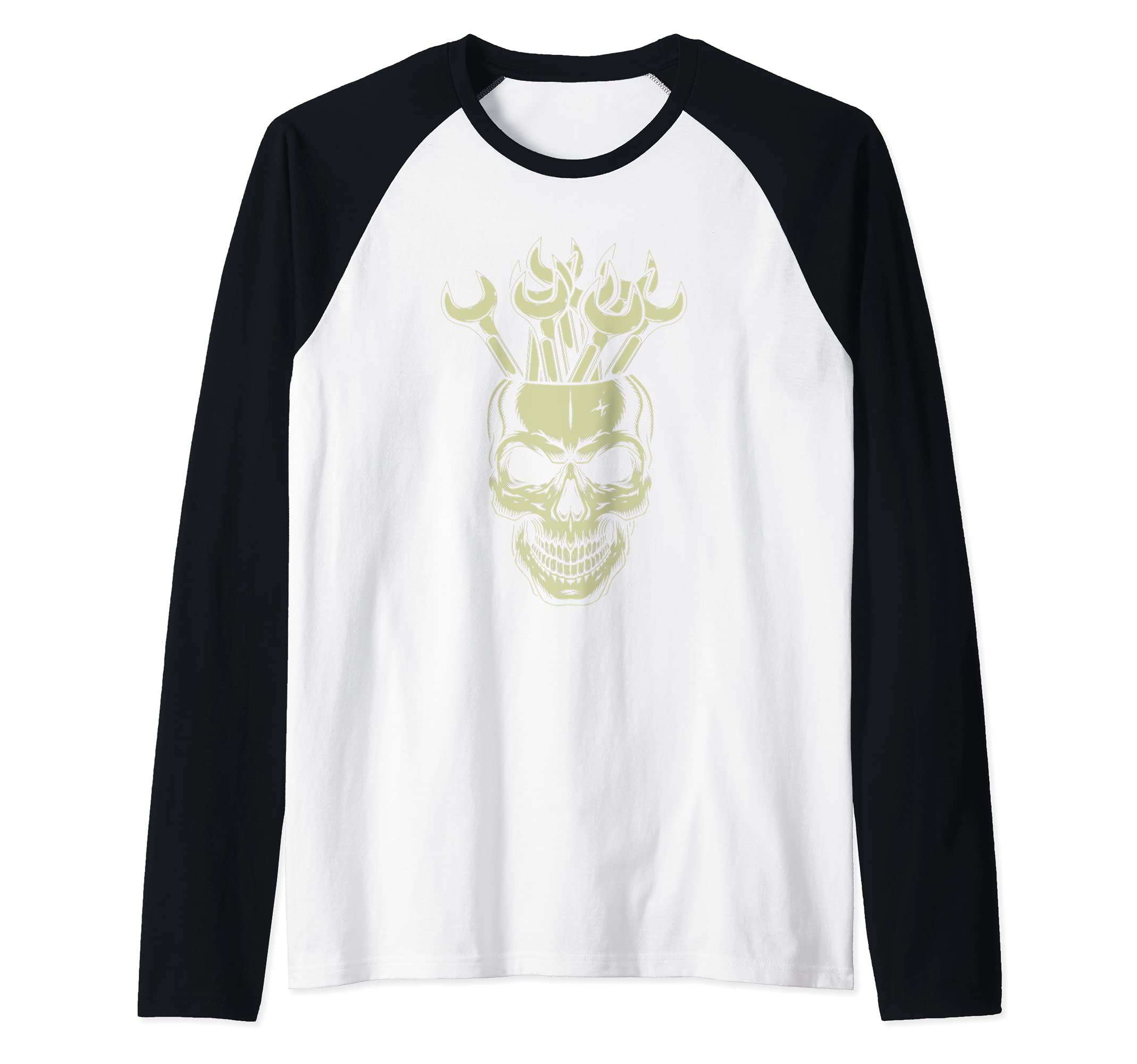 Skull Wrench Mechanic Tools Garage Car Mechanic Auto Raglan Baseball Tee