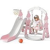 KORIMEFA 4-in-1 Kids Slide and Swing Set, Toddler Slide with Basketball Hoop, Swing, Outdoor Indoor Playground for Toddlers 1-3 (4 in 1-Pink)