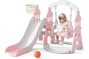 KORIMEFA 4-in-1 Kids Slide and Swing Set, Toddler Slide with Basketball Hoop, Swing, Outdoor Indoor Playground for Toddlers 1-3 (4 in 1-Pink)