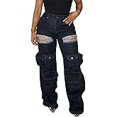 NRTHYE Womens High Waist Rhinestones Cargo Jeans Sexy Ripped Straight Leg Stretch Distressed Denim Trousers Pants