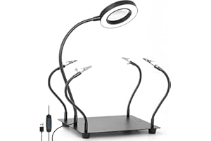 TOCBIU Helping Hands Soldering, Soldering Holder with 3X Magnifying Glass with Light, Metal Circuit Board Holder 4 Flexible Metal Arms Magnetic Helping Hand for Soldering, Assembly, Repair