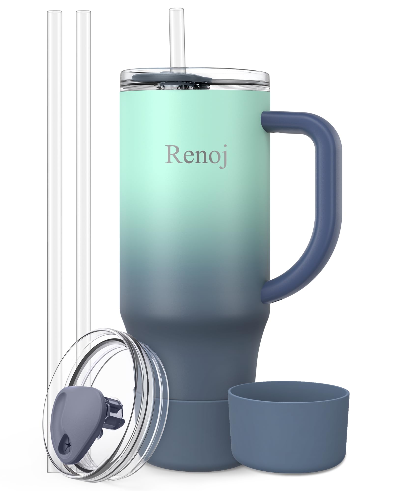 Renoj Tumbler with Handle 100% Spill Resistant Insulated Water Bottle for Iced Coffee & Hot Drinks - Fits Car Cup Holder, Ideal Gift, 2 Straws & Silicone Boot BPA-Free - FlexSlide Blue Gradient 32 oz Image