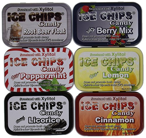 New! Ice Chips Candy Variety Pack 2 Featuring Root Beer Float! A variety pack of 6 tins including the following flavors: Juicy Berry Mix, Real Peppermint, Real Lemon, Cinnamon, Licorice and Root Beer Float.