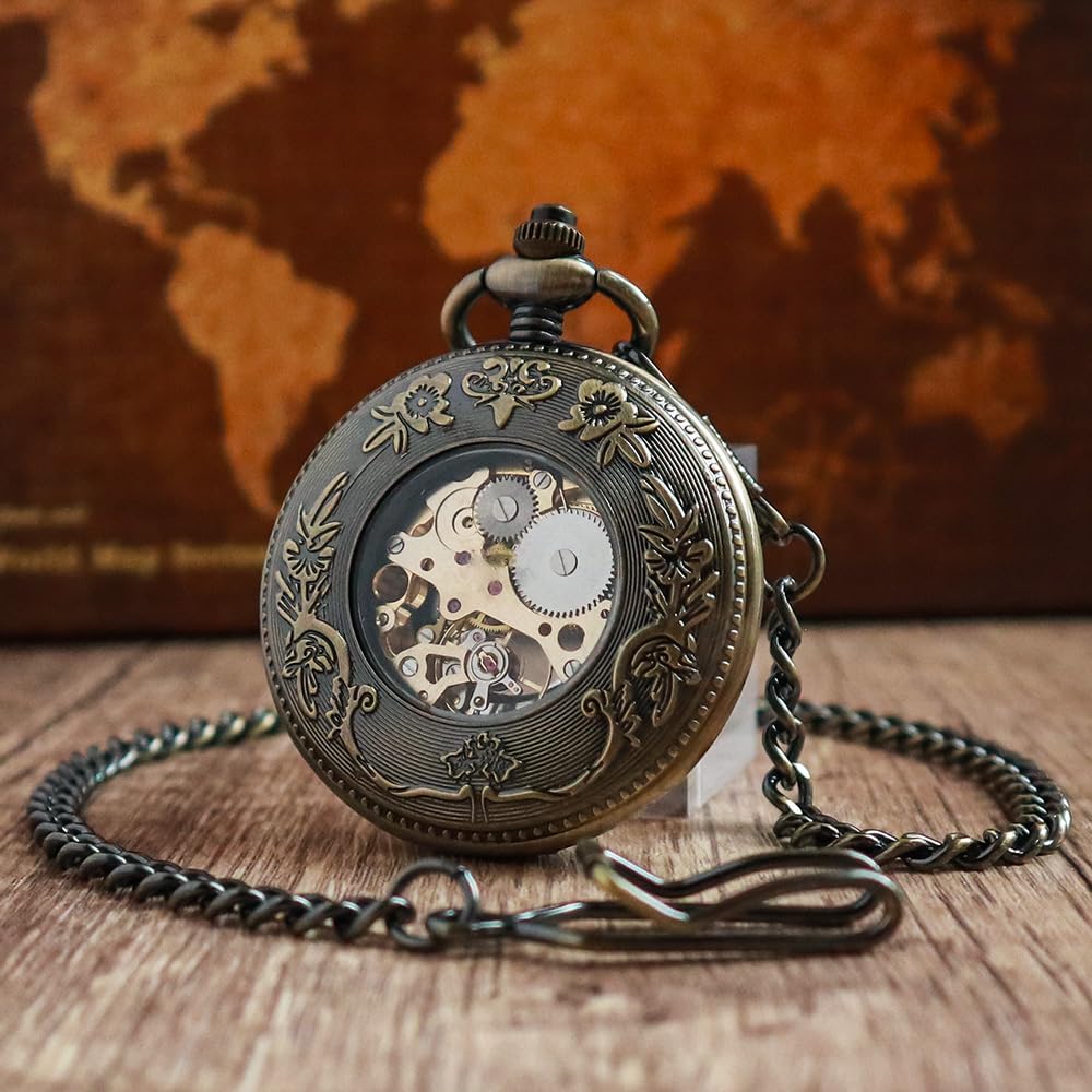 VIGOROSO Vintage Hand Wind Up Pocket Watches for Men, Mechanical Pocket Watch with Chain, Mens Skeleton Pocketwatch