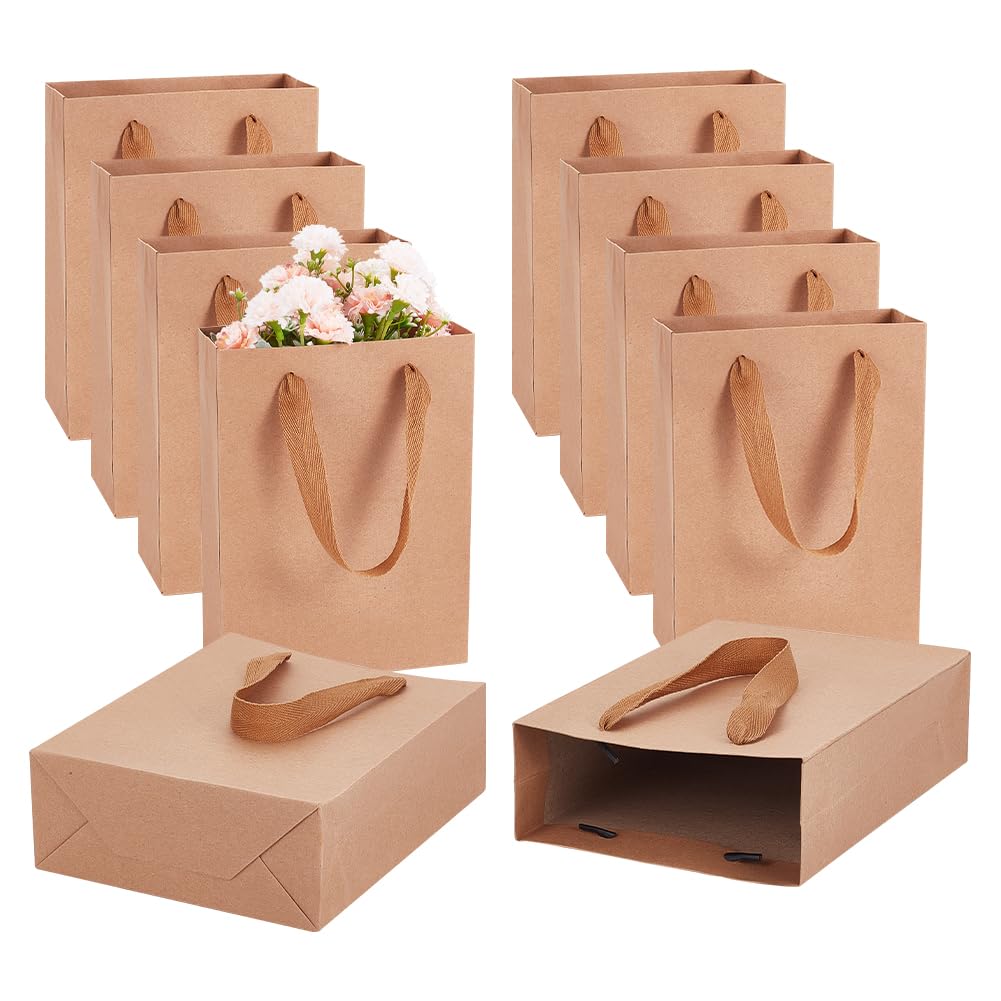 NBEADS 10 Pcs Small Kraft Brown Paper Bag Treat Candy Gift Bag Carrier Bags with Handles for Birthday, Wedding, Tea Party and Party Celebrations, 20x15x6cm