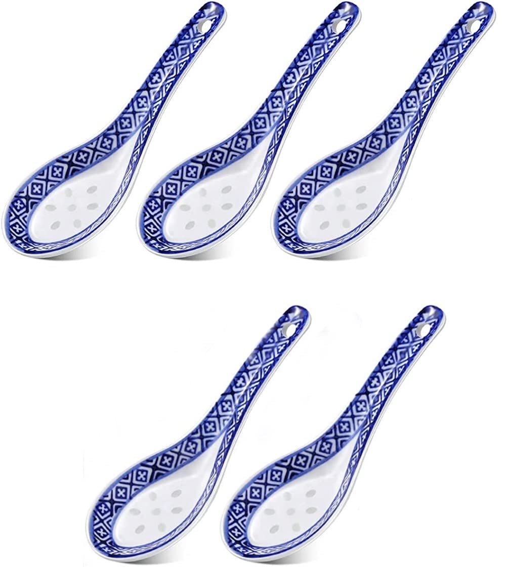LATRAT Pack of 5 Ceramic Soup Spoons, Blue and White Porcelain Spoons, Dessert Spoons, Appetiser Cutlery