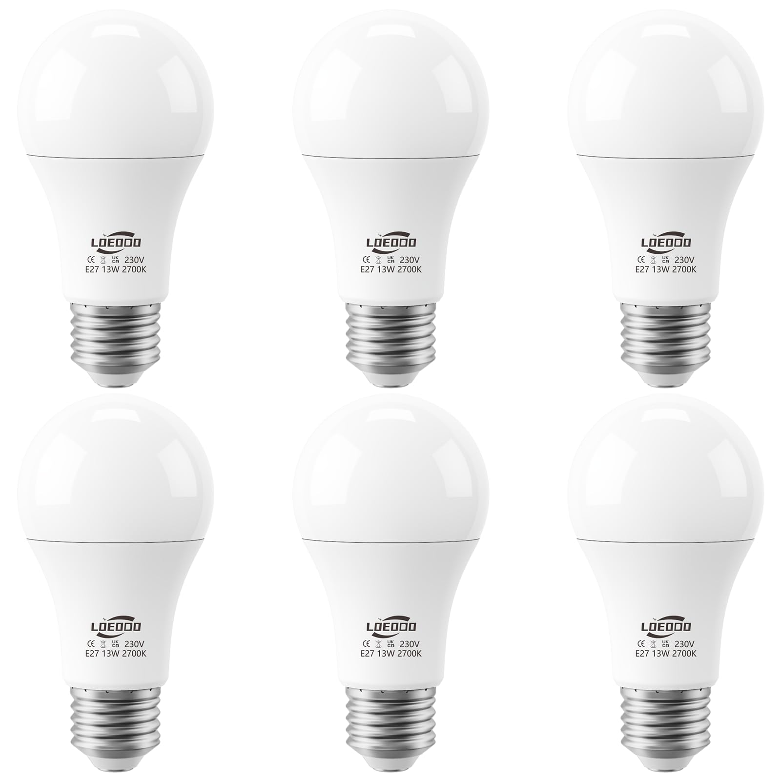 LOEODO E27 LED Screw Bulbs 100W Equivalent, 13W Light Bulb, 1200 Lumens, 2700K Warm White, Large Screw Bulb, Non-Dimmable, Pack of 6