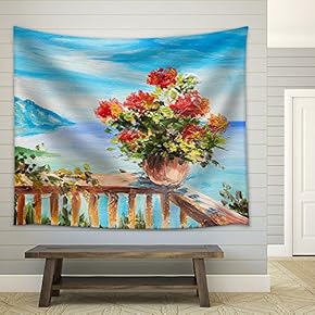Oil Painting Landscape - Bouquet of Flowers in The Background of Mediterranean Sea - Fabric Wall Tapestry Home Decor - 51x60 inches