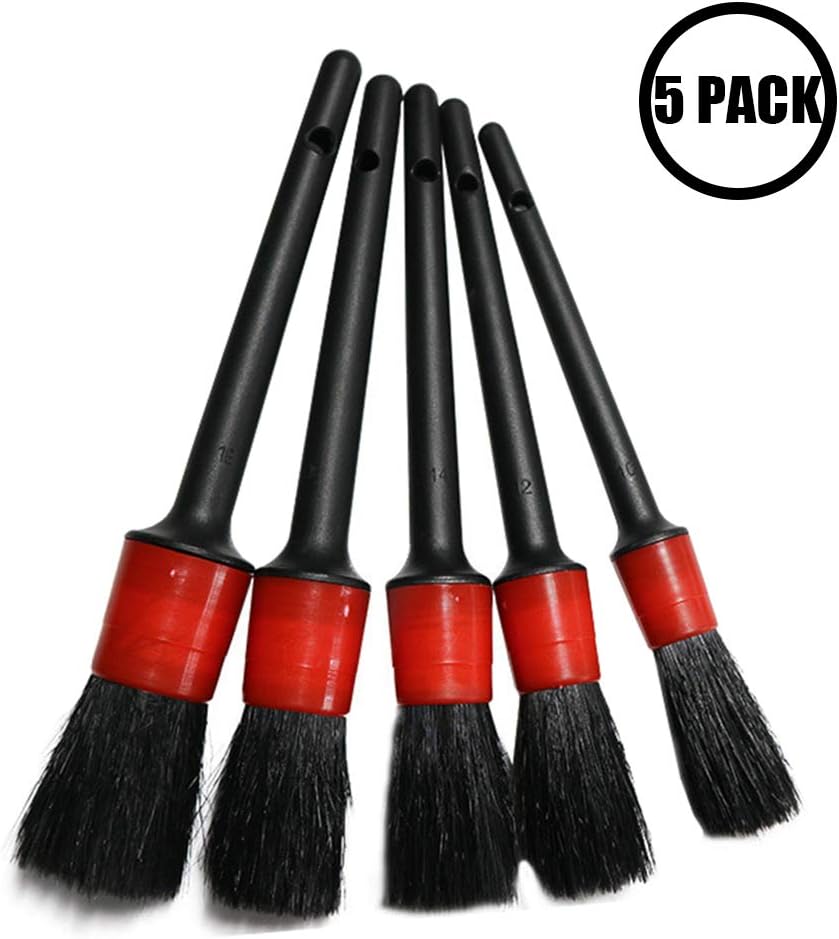 Enllonish Detailing Brush Set, 5 Pack Auto Detail Brush Set with a Cleaning Glove for Cleaning Wheels,Engine,Interior, Exterior, Leather, Air Vents, Emblems (Red)
