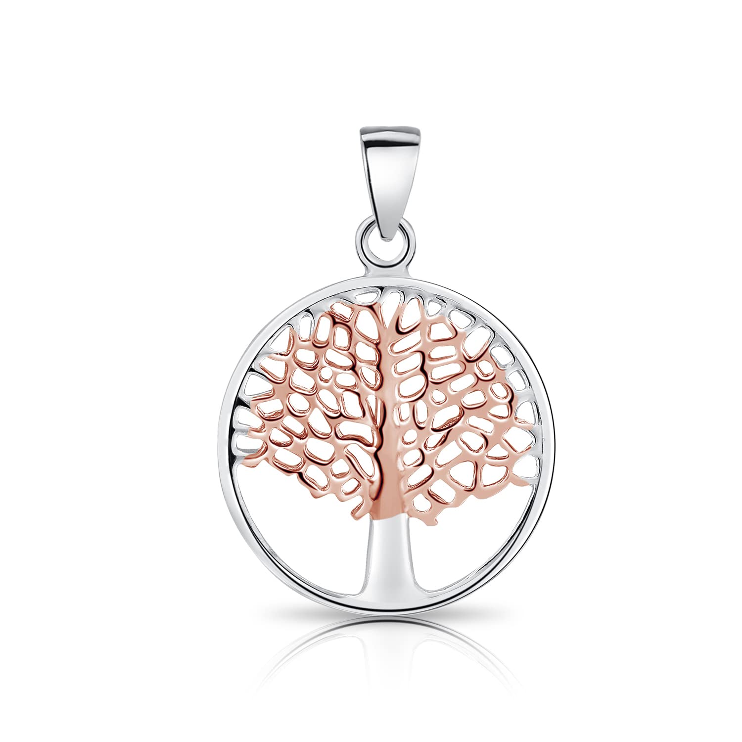 DTPsilver® 925 Sterling Silver and Rose Gold Plated Tree of Life Round Pendant - Without Curb Chain