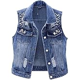MYtodo Womens Denim Vest Beading Pearls waistcoat ripped sleeveless jacket Coat