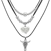Aswitnove 2 Pcs Western Cowgirl Necklaces for Women Boho Heart Beads Layered Choker Necklaces Rodeo Bull Head Necklace Faux Leather Rope Boho Jewelry Country Concert Western Outfits for Men Women