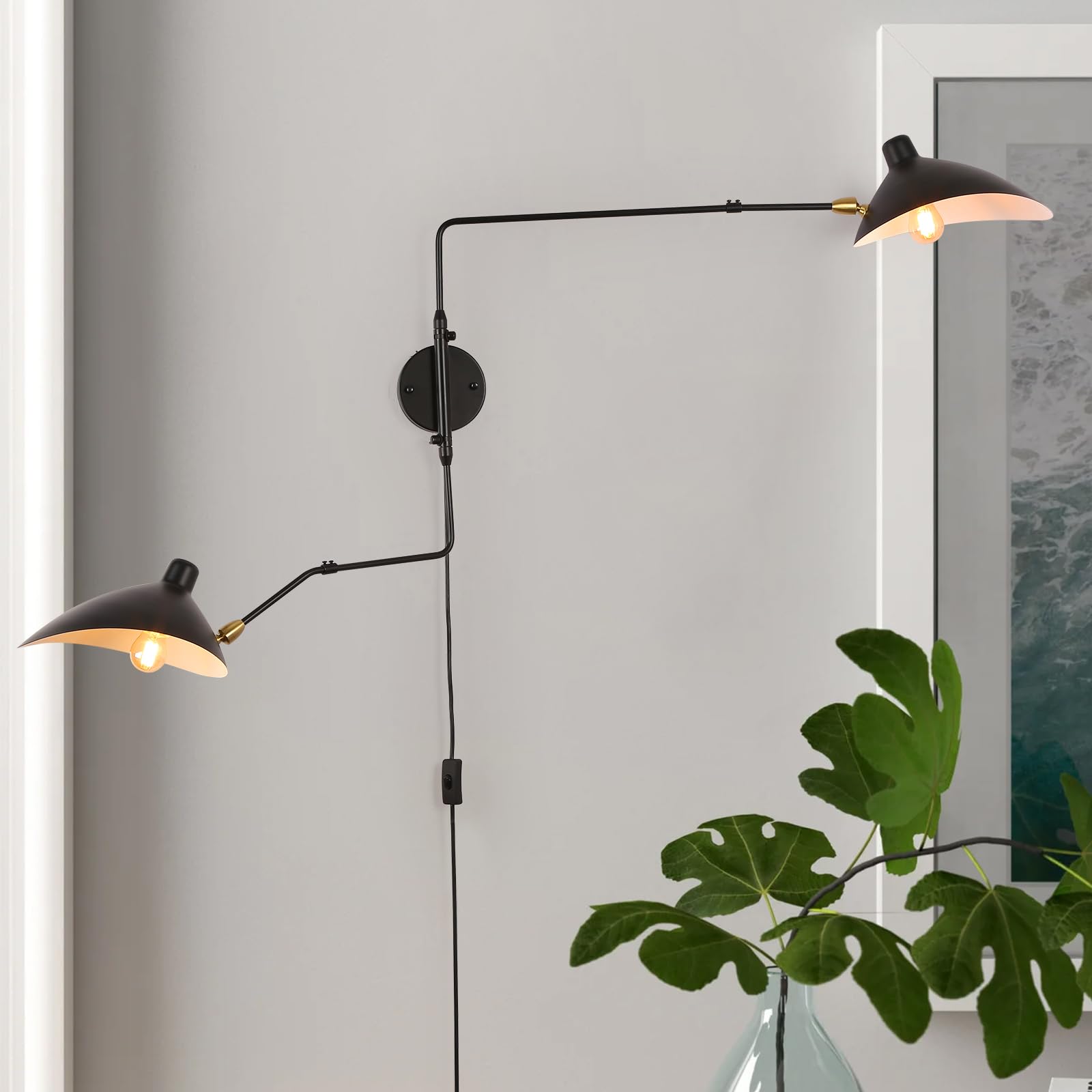 Photo 1 of Modern 2-Light Swing Arm Plug In Wall Lamp, Adjustable Industrial Wall Sconces For Bedroom, Retro Cordless Beetle-Shade Wall Light Fixtures For Living Room, Wall Mounted Reading Lamp, Black