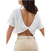 SHENHE Women's Open Back Twist Knot Backless Crew Neck Short Sleeve Plain Cropped T Shirt