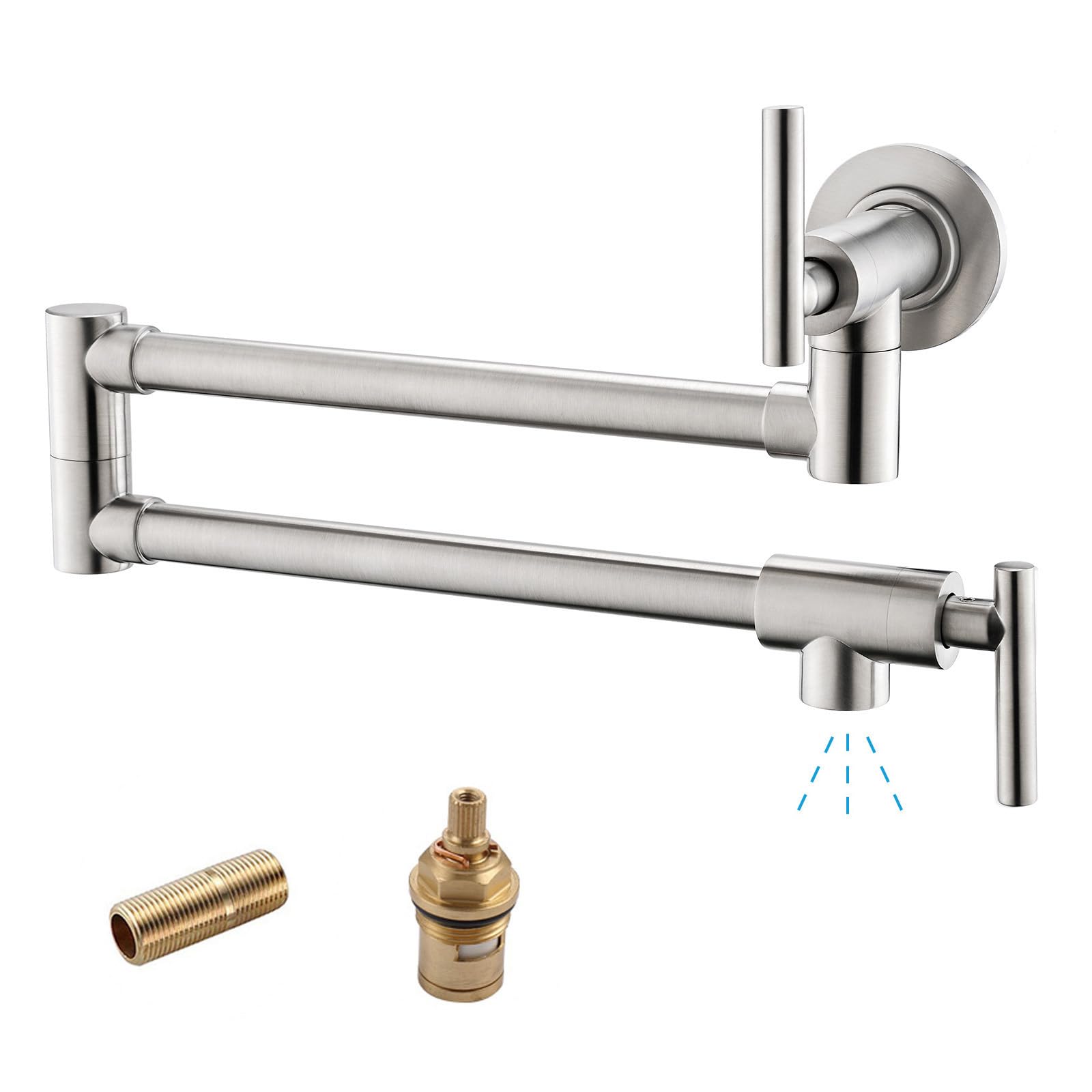 Photo 1 of Havin Upside Down Pot Filler Faucet Wall Mount,Stainless Steel Material,with Stretchable Double Joint,2 cartridges Control Water,Brushed Nickel Color