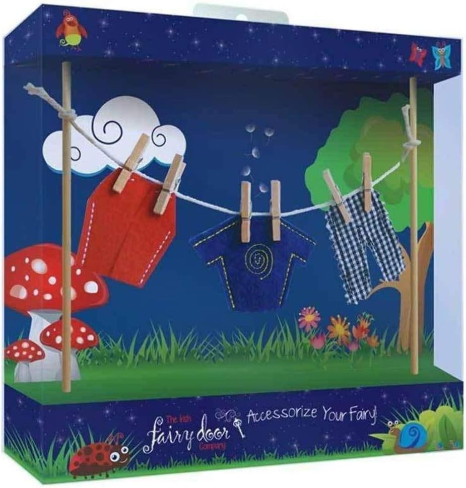 The irish fairy door clothes line with male fairy clothes, White