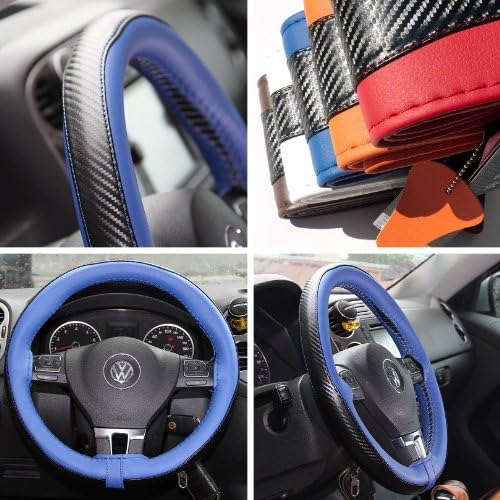 Circle Cool 47022 Carbon Fiber Style with Blue PVC Leather Steering Wheel Stitch On Wrap Cover 14.5" to 15" Needle Thread