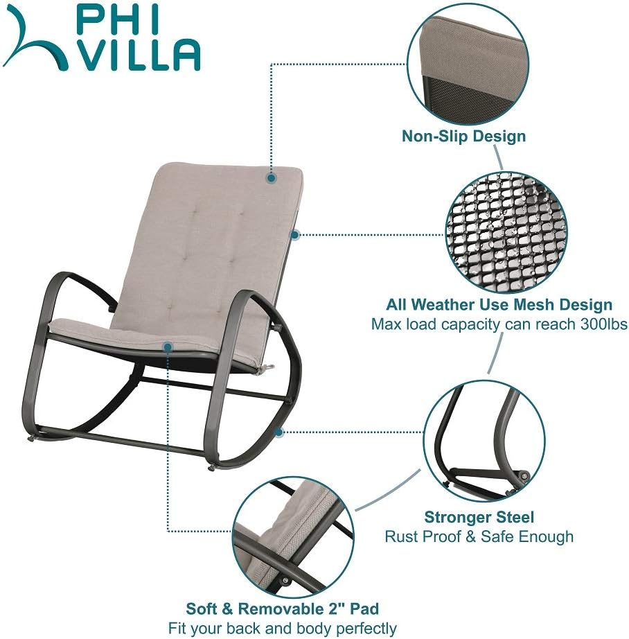 PHI VILLA Outdoor Patio Metal Rocking Chair, Padded Modern Rocker Chairs with Cushion, Support 300lbs for Porch, Deck, Balcony or Indoor Use (1 Pack, Black): Furniture & Decor
