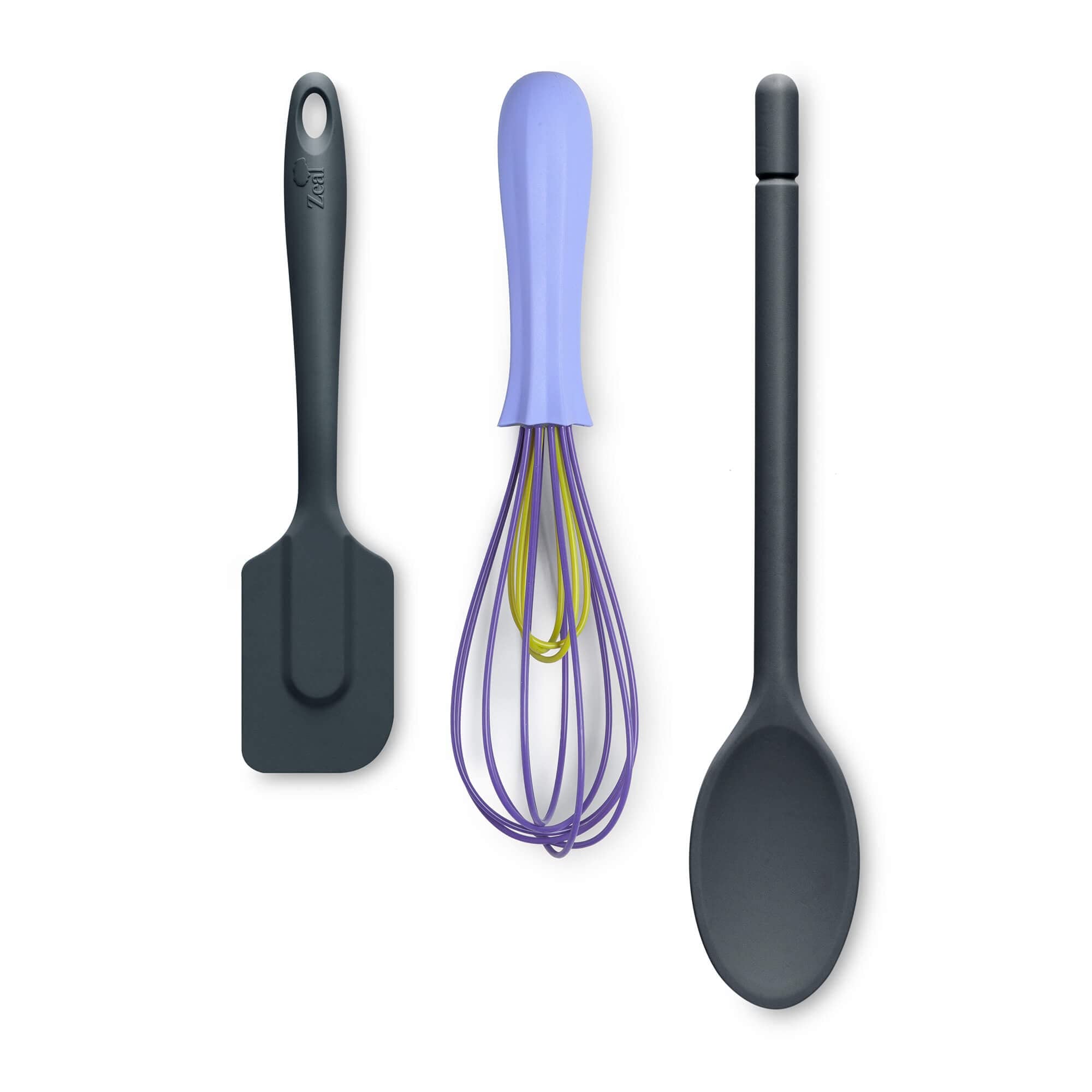 Zeal JSET28T Non-Stick Silicone Cooks Spoon, Whisk & Spatula 3-Piece Set, Dark Grey/Purple