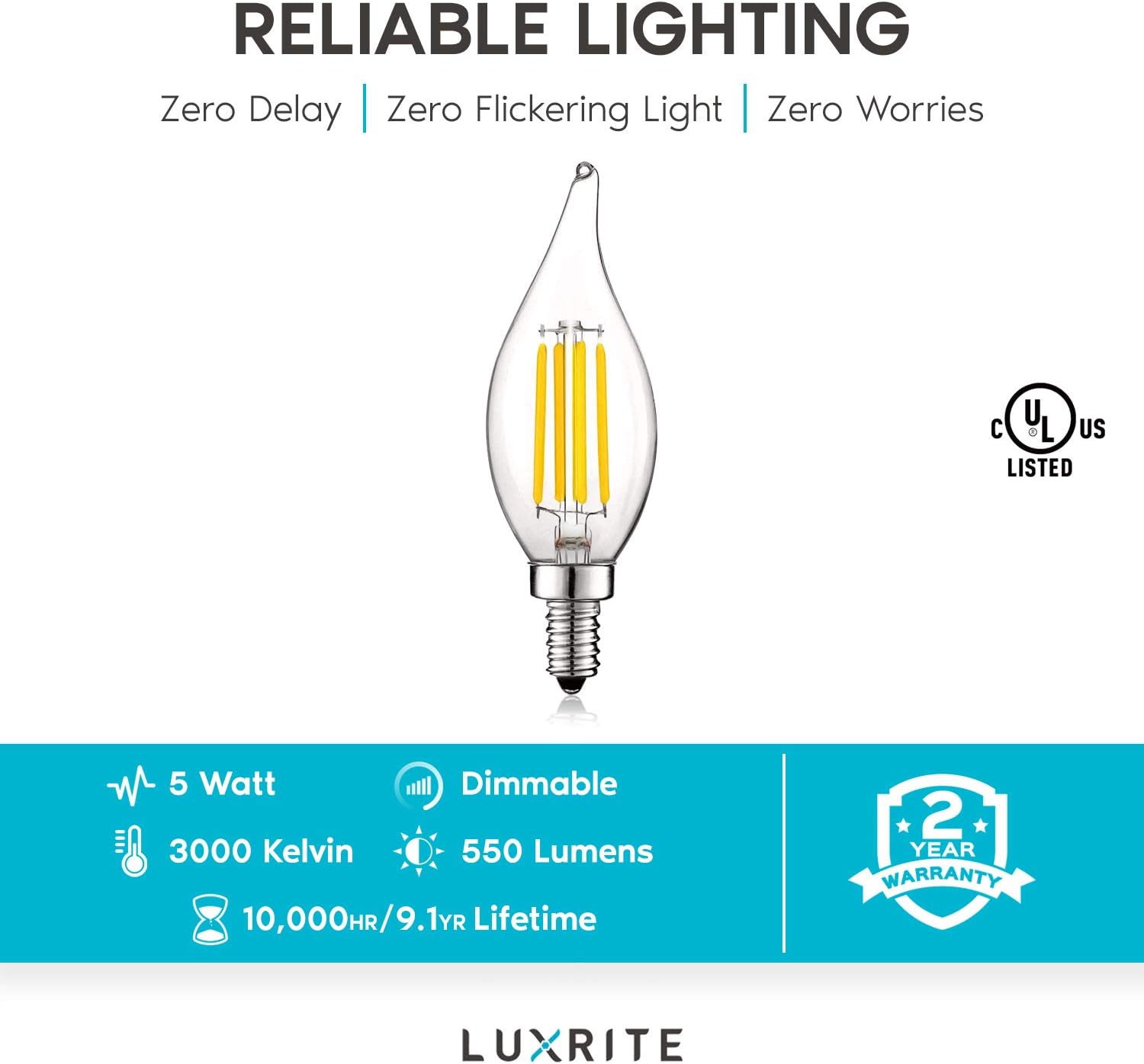 Luxrite Vintage Candelabra LED Bulb 60W Equivalent, 550 Lumens, 3000K Soft White, LED Chandelier Light Bulbs 5W, Dimmable, Flame Tip Clear Glass, Filament LED Candle Bulbs, E12 Base (12 Pack) - - 