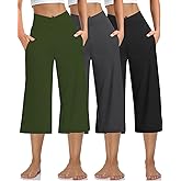 Kivdol 3 Pack Womens Wide Leg Yoga Capris Crossover High Waist Casual Capri Pants Loose Soft Pajama Pockets Sweatpants