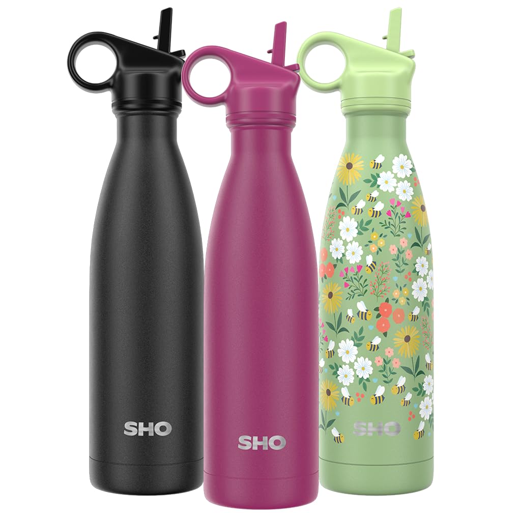 SHO Stainless Steel Water Bottle with Straw and Screw Lid - Leakproof, BPA Free, Vacuum Insulated Double Walled Metal Flask, 500ml - Original 2.0-12 Hours Hot 24 Hours Cold (500ml, Very Berry)