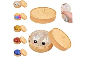 Colorful Dumpling Squishes Stress Balls with Steamer, Cute Anxiety Relief Toy, Soft Squeeze Decompression Dough for Adults, Simulation Food Squishies Bun (Glitter White, 1pcs)