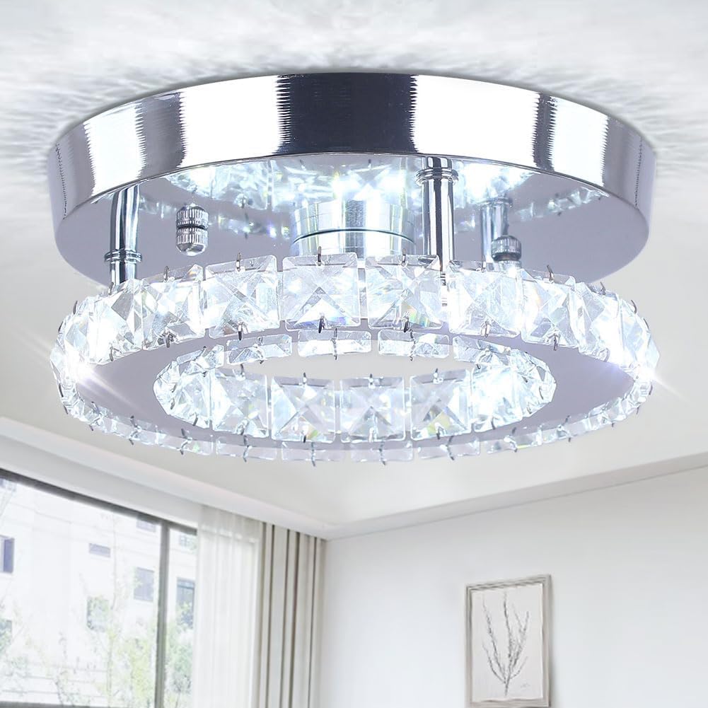 Lhome Modern Led Ceiling Light Fixture Mini Crystal Chandelier Flush Led Crystal Ceiling Light Finish Chrome Pendant Lamp for Kitchen Hallway Bedroom Dining Rooms Living Room (White Round)
